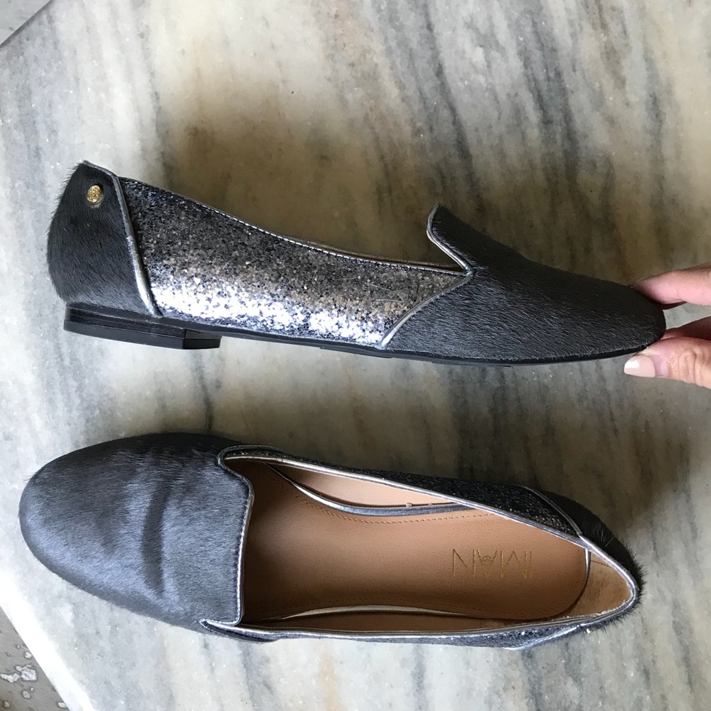 Like new iman pony hair & glitter smoking loafers